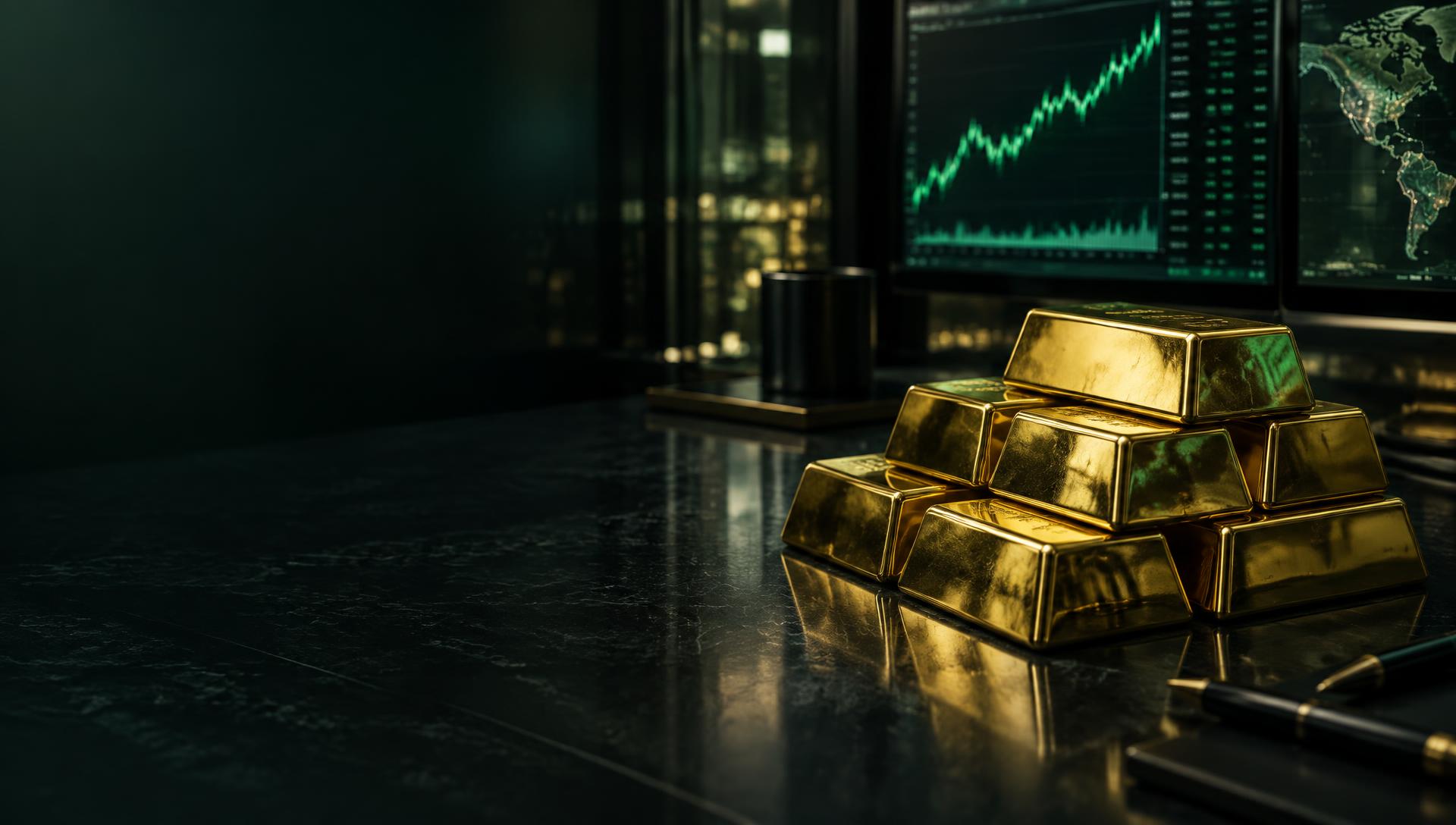 Gold bars before live market charts